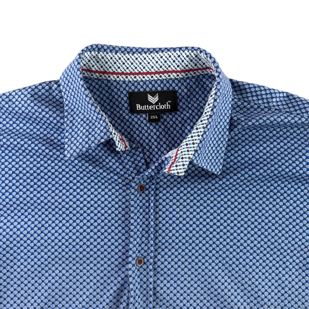 Buttercloth Button Down Shirt Men 2XL Blue Geometric Ombre Short Sleeve Cotton